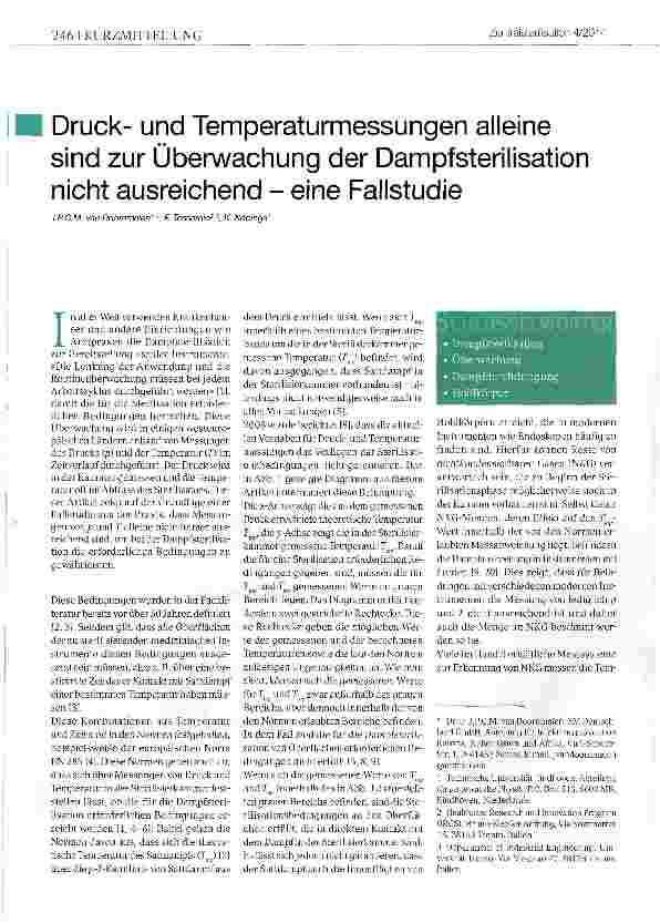 Vorschauseite 1: Druckund Temperaturmessungen alleine sind zur Überwachung der Dampfsterilisation nicht ausreichend - eine Fallstudie