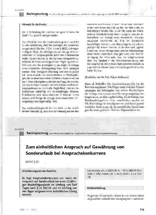 Vorschauseite 1: Zum einheitlichen Anspruch auf Gewährung von Sonderurlaub bei AnspruchskonkurrenzBAT-KF § 22