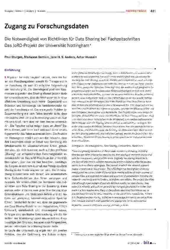 Vorschauseite 1: Zugang zu Forschungsdaten Die Notwendigkeit von Richtlinien für Data Sharing bei Fachzeitschriften Das JoRD-Projekt der Universität Nottingham
