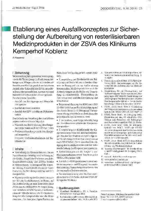 Vorschauseite 1: Etablierung eines Ausfallkonzeptes zur Sicher-stellung der Aufbereitung von resterilisierbaren Medizin Produkten in der ZSVA des Klinikums Kemperhof Koblenz