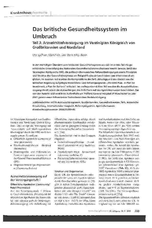Vorschauseite 1: Das britische Gesundheitssystem UmbruchTeil 3: Arzneimittelversorgung im Vereinigten Königreich Großbritannien und Nordirland