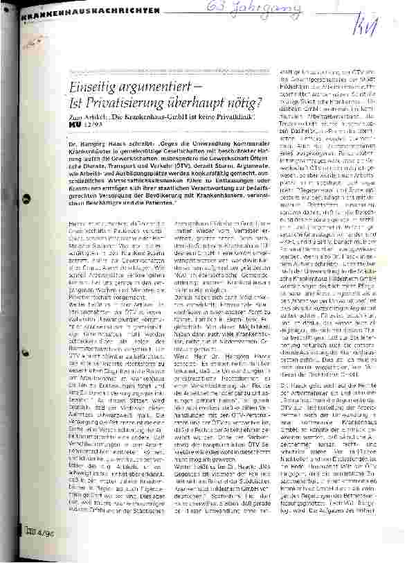 Vorschauseite 1: Einseitig argumentiert - Ist Privatisierung überhaupt nötig? Zum Artikel Die Krankenhaus-GmbH ist keine Privatklinik