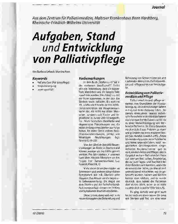 Vorschauseite 1: Aufgaben, Stand und Entwicklung von PalliativpflegeAus dem Zentrum für Palliativmedizin, Malteser Krankenhaus Bonn Hardtberg, Rheinische-Friedrich-Wilhelms Universität