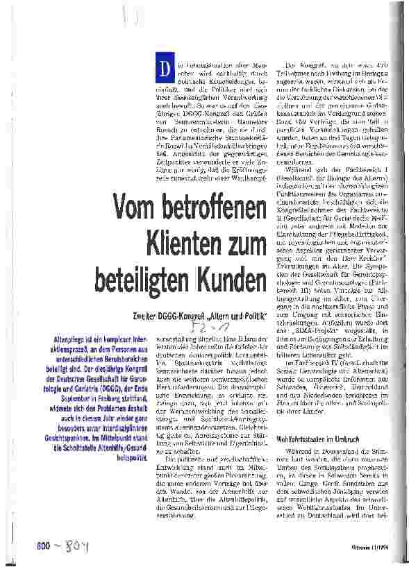 Vorschauseite 1: Vom betroffenen Klienten zum beteiligten Kunden Zweiter Kongreß Altern und Politik