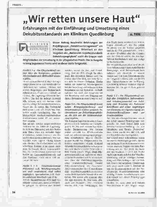 Vorschauseite 1: Wir retten unsere Haut Erfahrungen mit der Einführung und Umsetzung eines Dekubitusstandards am Klinikum Quedlinburg, 2. TEIL