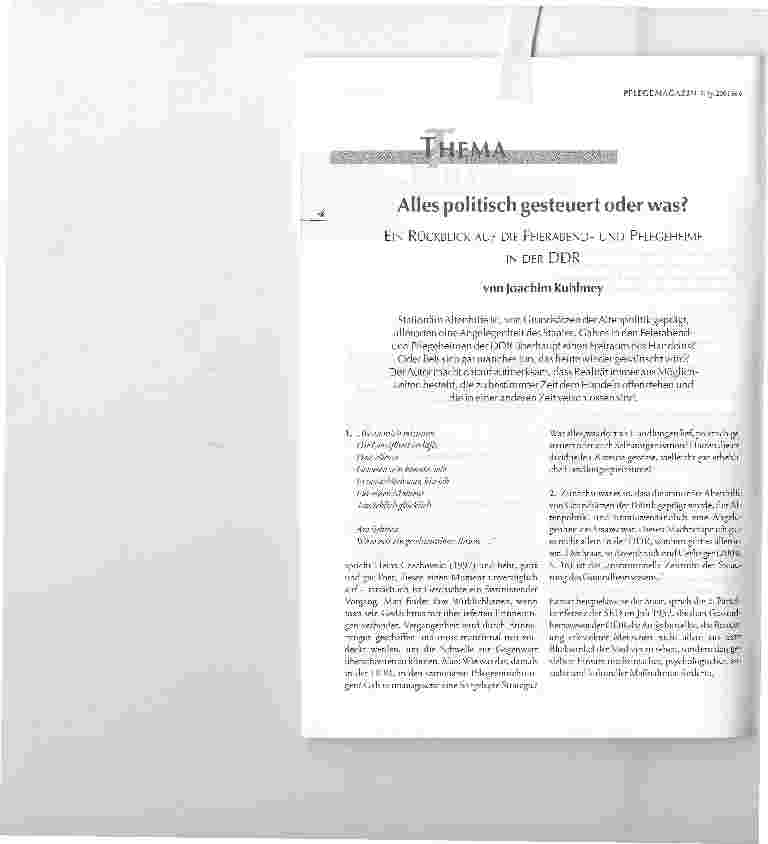 Vorschauseite 1: Alles politisch gesteuert oder was?EIN RÜCKBLICK AUF DIE FEIERABEND- UND PFLEGEHEIMEIN DER DDR