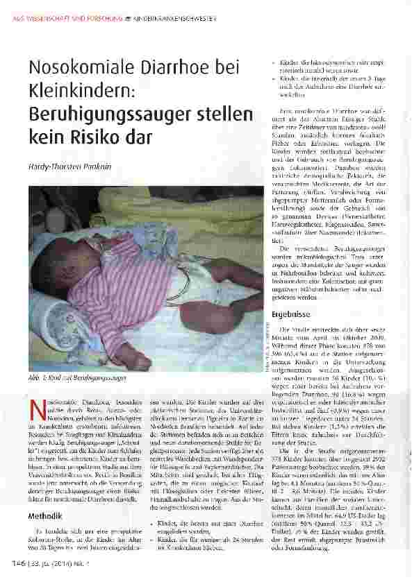 Vorschauseite 1: Nosokomiale Diarrhöe bei Kleinkindern: Beruhigungssauger stellen kein Risiko dar