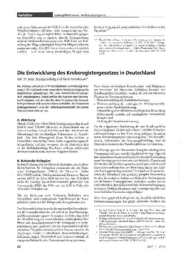 Vorschauseite 1: Die Entwicklung des Krebsregistergesetzes in Deutschland