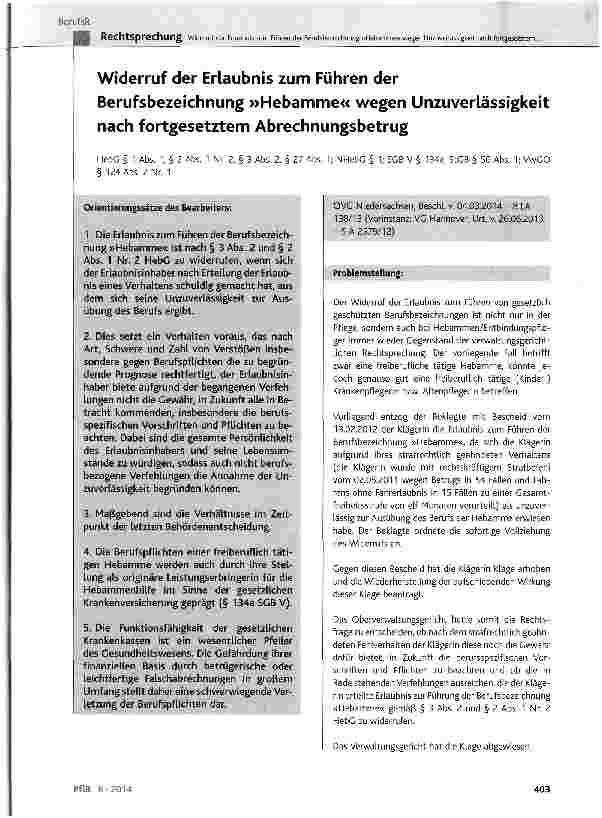 Vorschauseite 1: Widerruf der Erlaubnis zum Führen der Berufsbezeichnung »Hebamme« wegen Unzuverlässigkeit nach fortgesetztem Abrechnungsbetrug