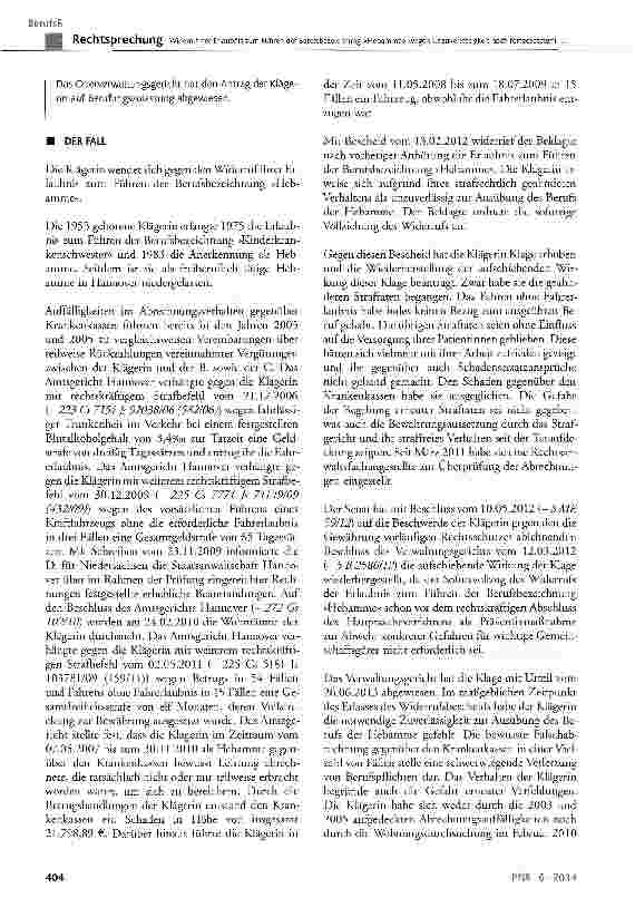 Vorschauseite 2: Widerruf der Erlaubnis zum Führen der Berufsbezeichnung »Hebamme« wegen Unzuverlässigkeit nach fortgesetztem Abrechnungsbetrug