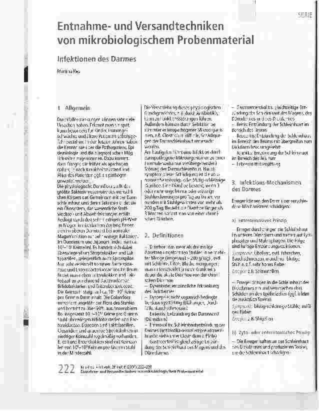 Vorschauseite 1: Entnahmeund Versandtechniken von mikrobiologischem ProbenmaterialInfektionen des Darmes