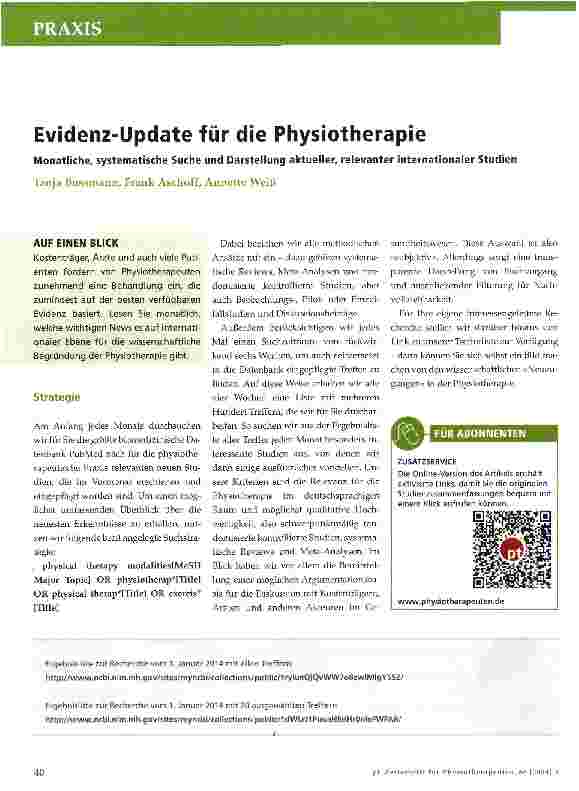 Vorschauseite 1: Evidenz-Update für die PhysiotherapieMonatliche, systematische Suche und Darstellung aktueller, relevanter internationaler Studien