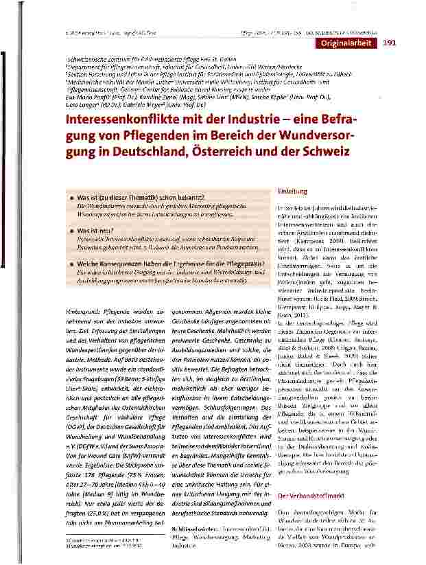 Vorschauseite 1: Interessenkonflikte mit der Industrie - eine Befra-gung von Pflegenden im Bereich der Wundversorgung in Deutschland, Österreich und der Schweiz