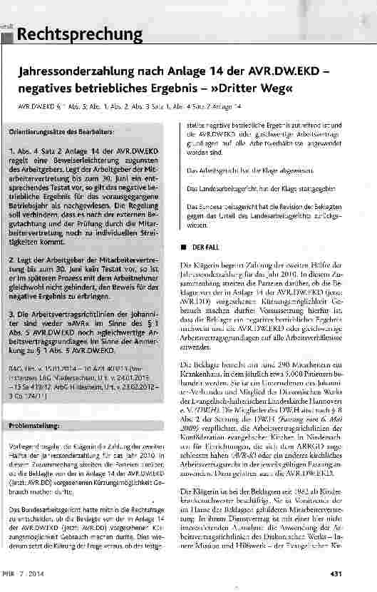 Vorschauseite 1: Jahressonderzahlung nach Anlage 14 der AVR.DW.EKD negatives betriebliches Ergebnis - »Dritter Weg« AVR.DW.EKD § 1 Abs. 5; Abs. 1, Abs. 2, Abs. 3 Satz 1, Abs. 4 Satz 2 Anlage 14
