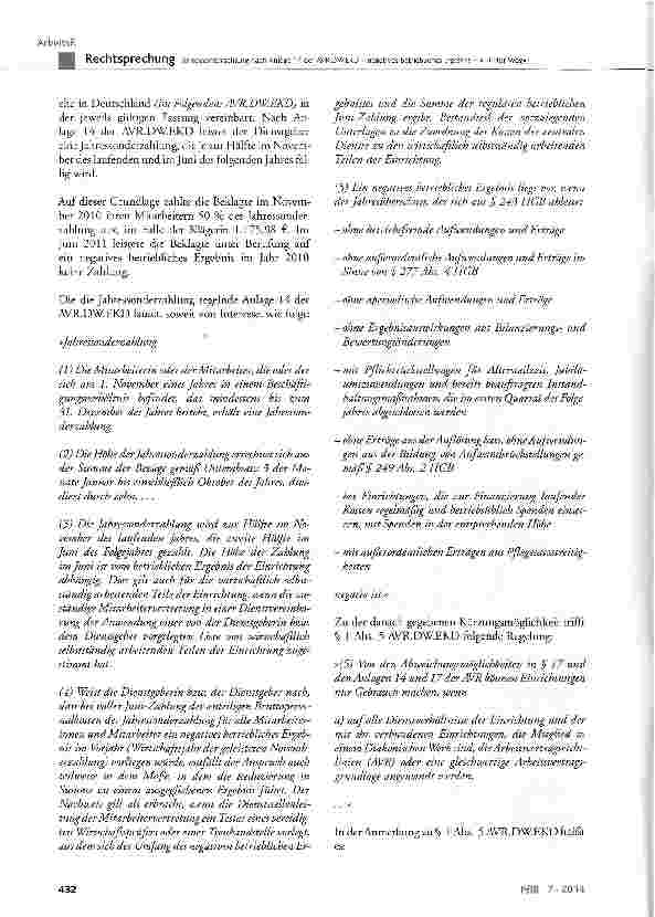 Vorschauseite 2: Jahressonderzahlung nach Anlage 14 der AVR.DW.EKD negatives betriebliches Ergebnis - »Dritter Weg« AVR.DW.EKD § 1 Abs. 5; Abs. 1, Abs. 2, Abs. 3 Satz 1, Abs. 4 Satz 2 Anlage 14
