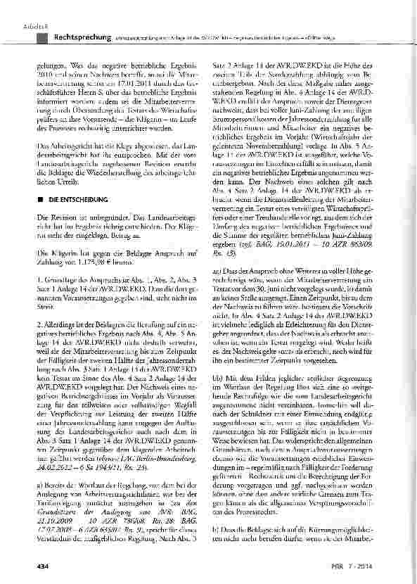 Vorschauseite 4: Jahressonderzahlung nach Anlage 14 der AVR.DW.EKD negatives betriebliches Ergebnis - »Dritter Weg« AVR.DW.EKD § 1 Abs. 5; Abs. 1, Abs. 2, Abs. 3 Satz 1, Abs. 4 Satz 2 Anlage 14