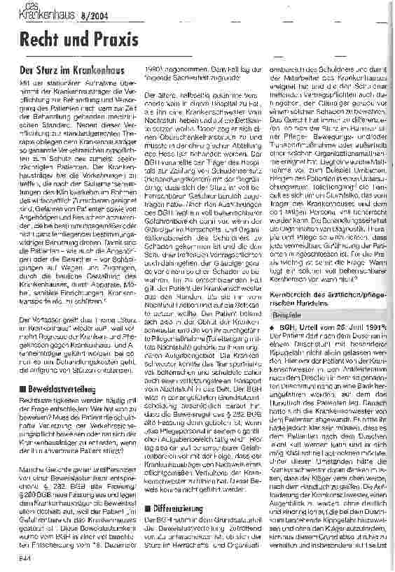 Vorschauseite 1: Recht und PraxisDer Sturz im Krankenhaus