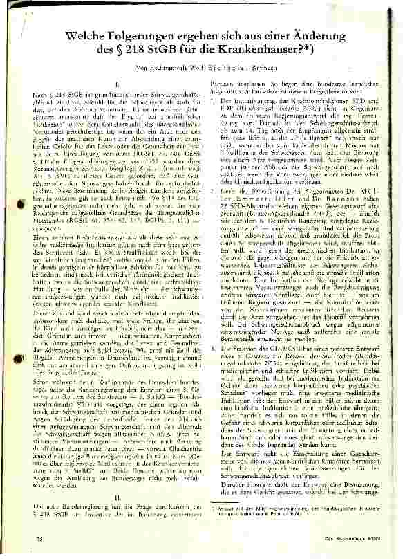 Vorschauseite 1: Welche Folgerungen ergeben sich aus einer Änderung des Paragraphen 218 StGB für die Krankenhäuser