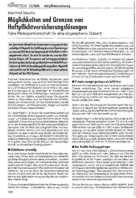 Vorschauseite 1: Möglichkeiten und Grenzen von HaftpflichtversicherungslösungenFaire Risikopartnerschaft für eine abgesicherte Zukunft