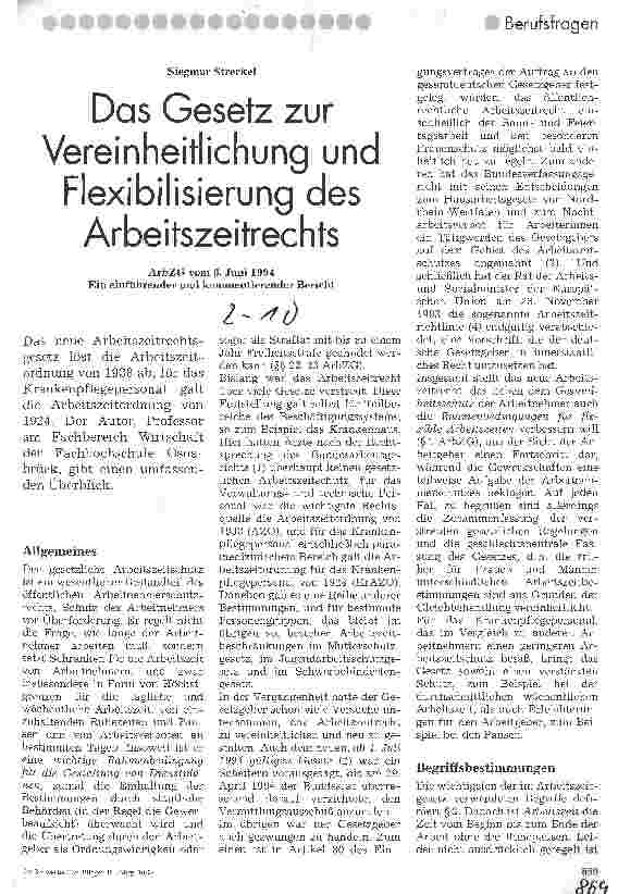 Vorschauseite 1: Das Gesetz zur Vereinheitlichung und Flexibilisierung des Arbeitszeitrechts ArbZG vom 6. 6. 94 einführender und kommentierender Bericht