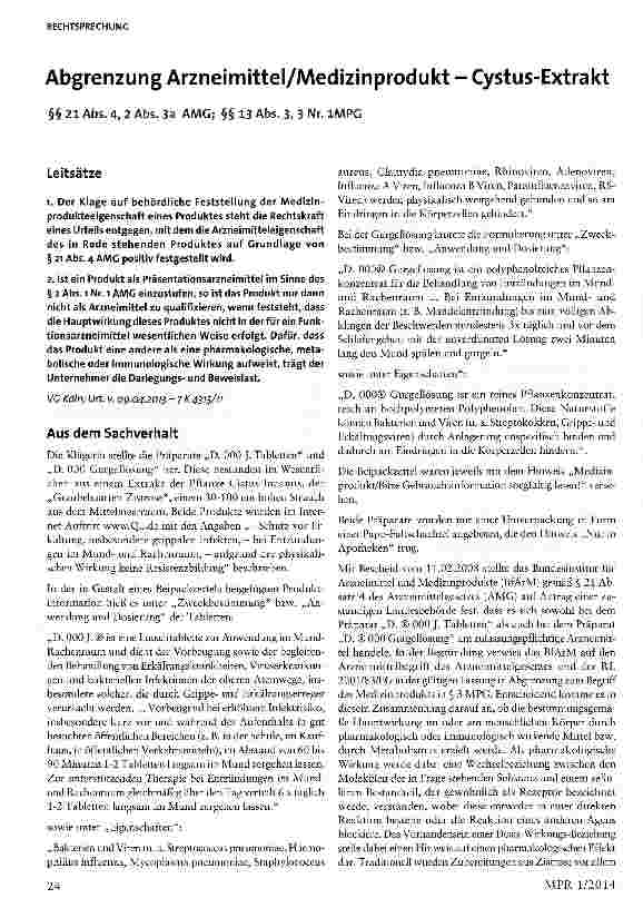 Vorschauseite 1: Abgrenzung Arzneimittel/Medizinprodukt - Cystus-Extrakt §§ 21 Abs. 4, 2 Abs. 3a AMC; §§ 13 Abs. 3, 3 Nr. 1MPG