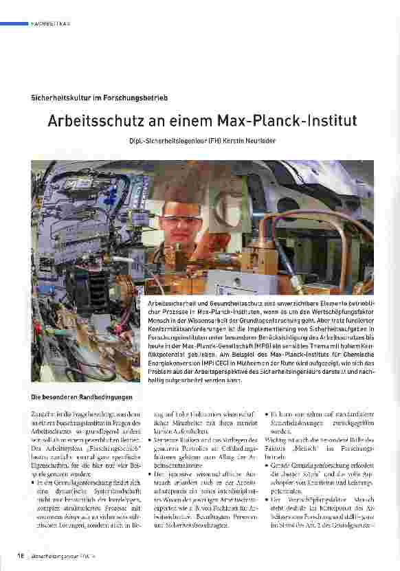 Vorschauseite 1: Sicherheitskultur im ForschungsbetriebArbeitsschutz an einem Max-Planck-Institut