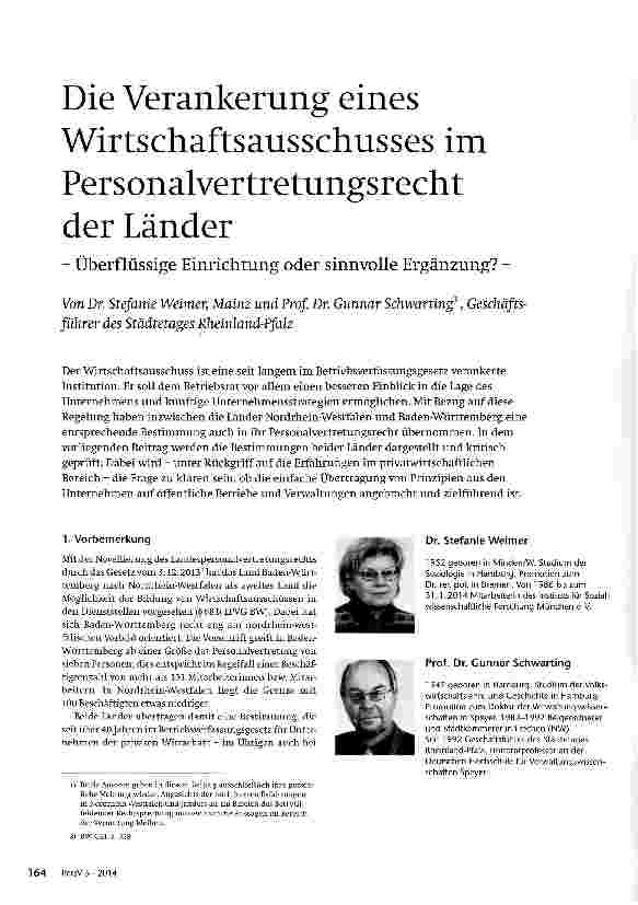 Vorschauseite 1: Die Verankerung eines Wirtschaftsausschusses im Personalvertretungsrecht der Länder-Überflüssige Einrichtung oder sinnvolle Ergänzung? -