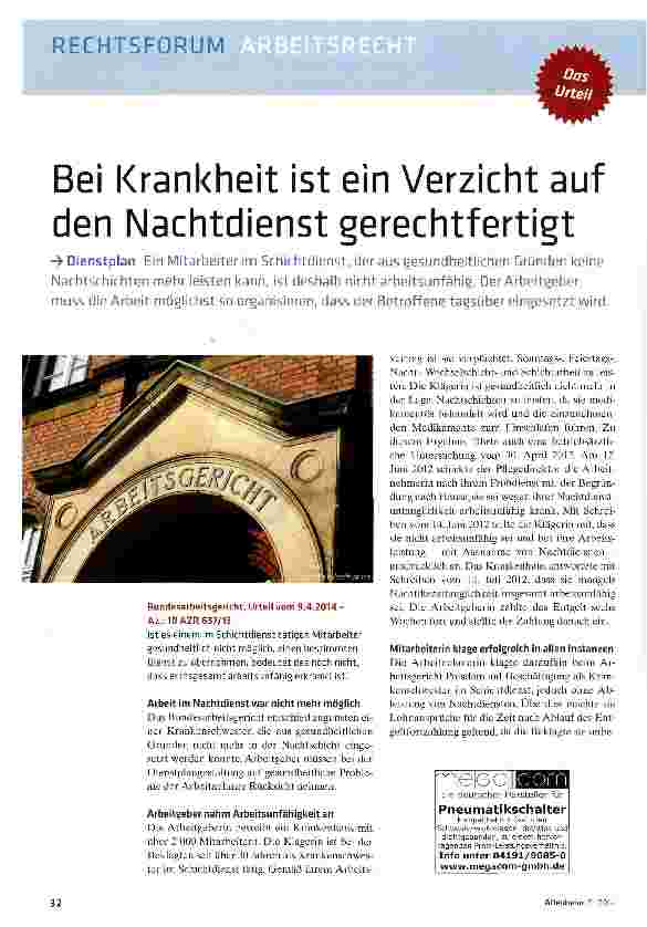 Vorschauseite 1: Bei Krankheit ist ein Verzicht auf den Nachtdienst gerechtfertigt