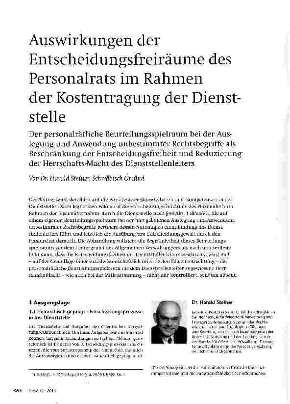 Vorschauseite 1: Auswirkungen der Entscheidungsfreiräume des Personalrats im Rahmen der Kostentragung der Dienststelle
