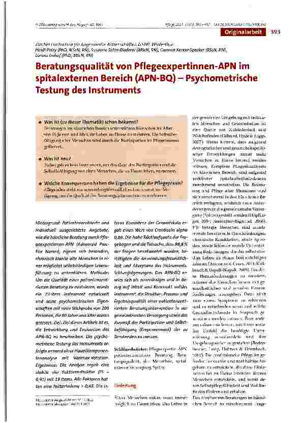 Vorschauseite 1: Beratungsqualität von Pflegeexpertinnen-APN im spitalexternen Bereich (APN-BQ) - Psychometrische Testung des Instruments
