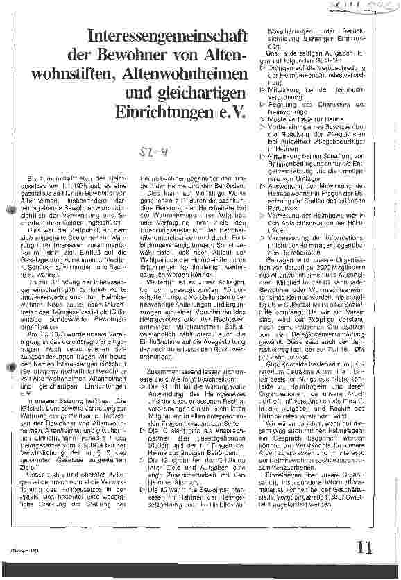 Vorschauseite 1: Interessengemeinschaft der Bewohner von Altenwohnstiften, Altenwohnheimen und gleichartigen Einrichtungen e. V.
