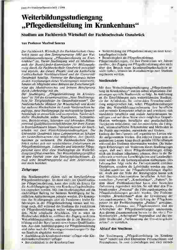 Vorschauseite 1: Weiterbildungsstudiengang Pflegedienstleitung im Krankenhaus Studium am Fachbereich Wirtschaft der Universität Osnabrück