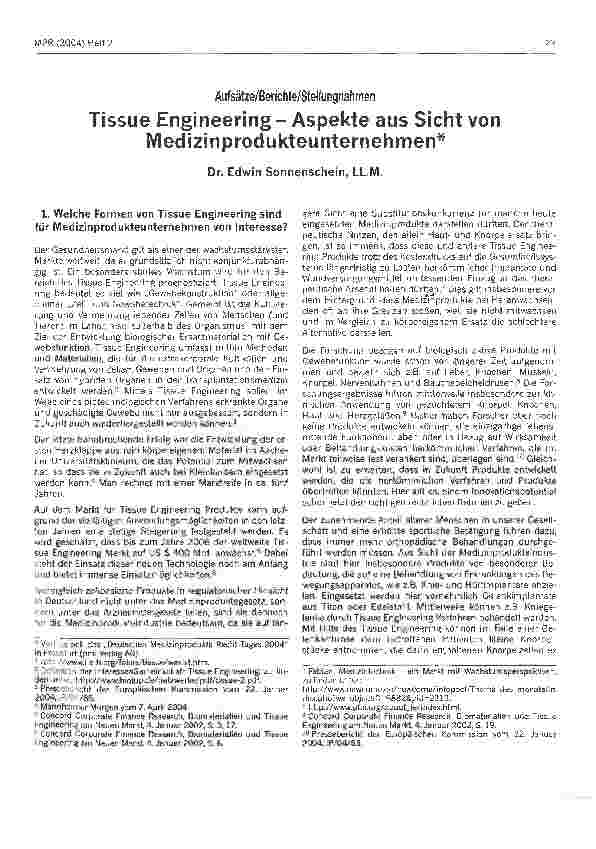 Vorschauseite 1: Tissue Engineering - Aspekte aus Sicht von Medizinprodukteunternehmen