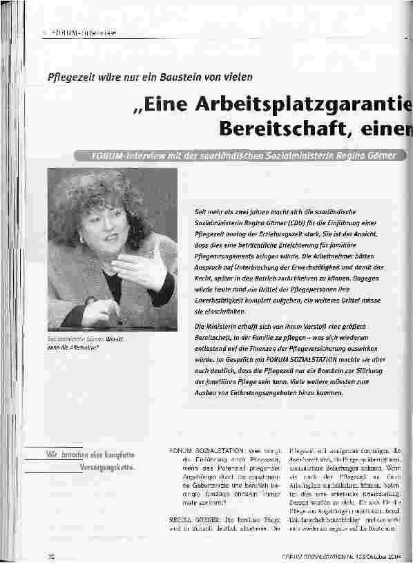 Vorschauseite 1: Eine Arbeitsplatzgarantie unterstützt die Bereitschaft, einen Angehörigen zu pflegenFORUM-Interview mit der Saarland/sehen Sozialministerin Regina Görner