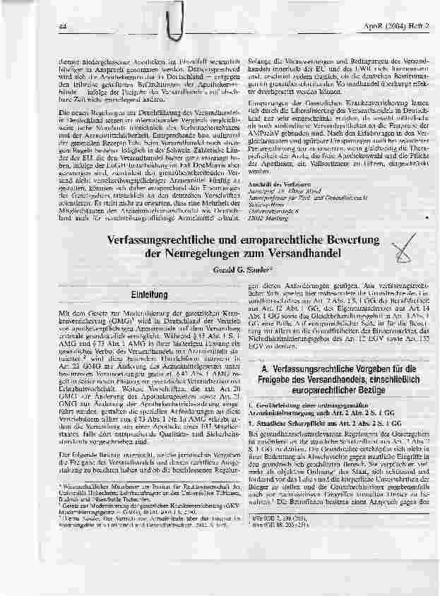 Vorschauseite 1: Verfassungsrechtliche und europarechtliche Bewertung der Neuregelungen zum Versandhandel