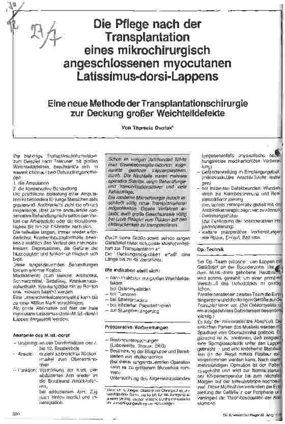Vorschauseite 1: Die Pflege nach der Transplantation eines mikrochirurgisch angeschlossenen myocutanen Latissimus-dorsi-Lappens