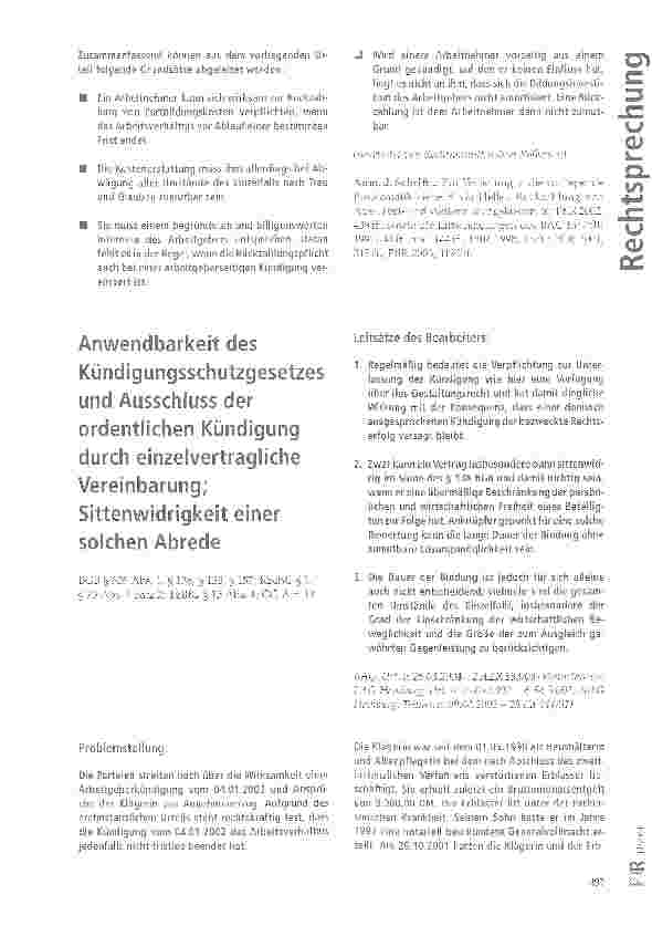 Vorschauseite 1: Anwendbarkeit des Kündigungsschutzgesetzes und Ausschluss der ordentlichen Kündigung durch einzelvertragliche Vereinbarung; Sittenwidrigkeit einer solchen Abrede
