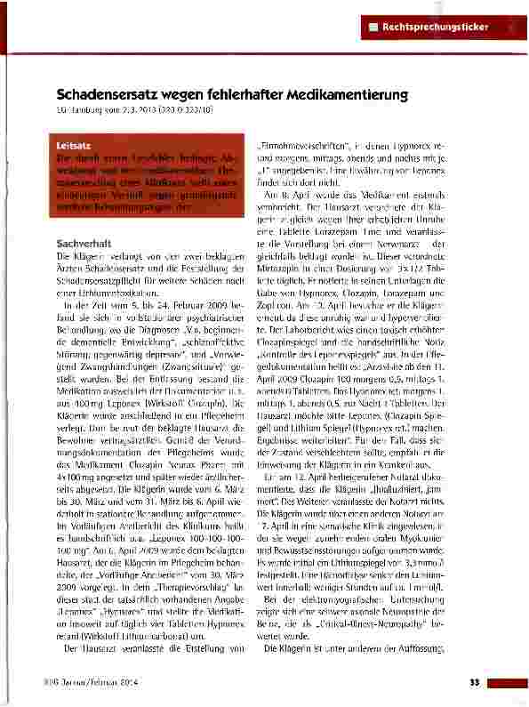 Vorschauseite 1: Schadensersatz wegen fehlerhafter Medikamentierung LG Hamburg vom 7.3-2013 (323 0 323/10)