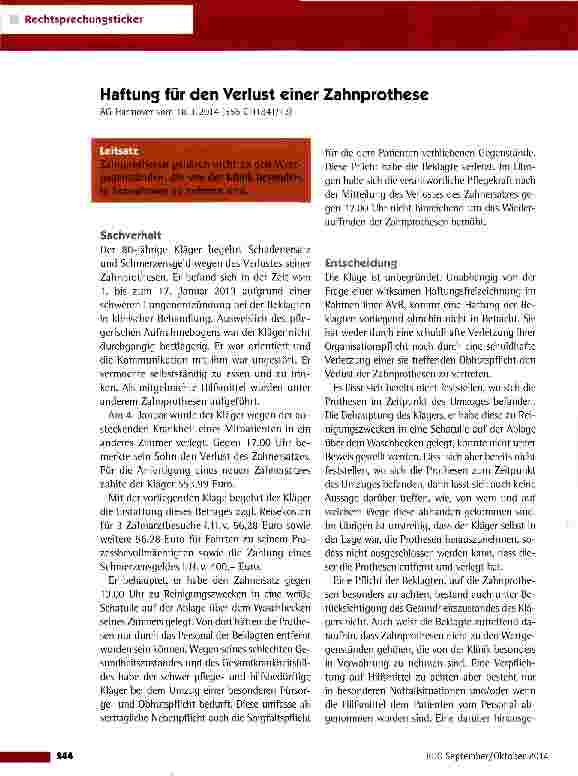Vorschauseite 1: Haftung für den Verlust einer Zahnprothese AG Hannover vom 18.3.2014 [556 C 11841/13)