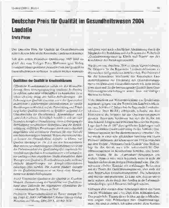 Vorschauseite 1: Deutscher Preis für Qualität im Gesundheitswesen 2004 Laudatio