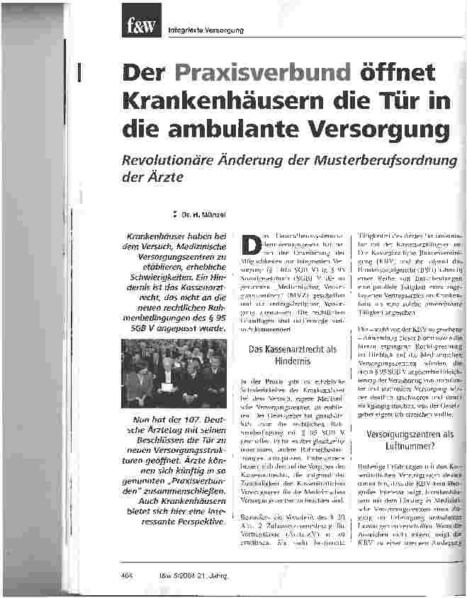 Vorschauseite 1: Der Praxisverbund öffnet Krankenhäusern die Tür in die ambulante VersorgungRevolutionäre Änderung der Musterberufsordnung der Ärzte