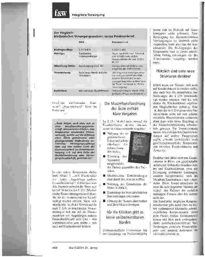 Vorschauseite 3: Der Praxisverbund öffnet Krankenhäusern die Tür in die ambulante VersorgungRevolutionäre Änderung der Musterberufsordnung der Ärzte