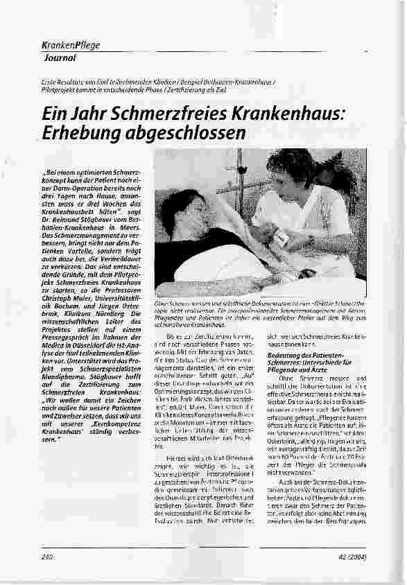 Vorschauseite 1: Ein Jahr Schmerzfreies Krankenhaus: Erhebung abgeschlossen