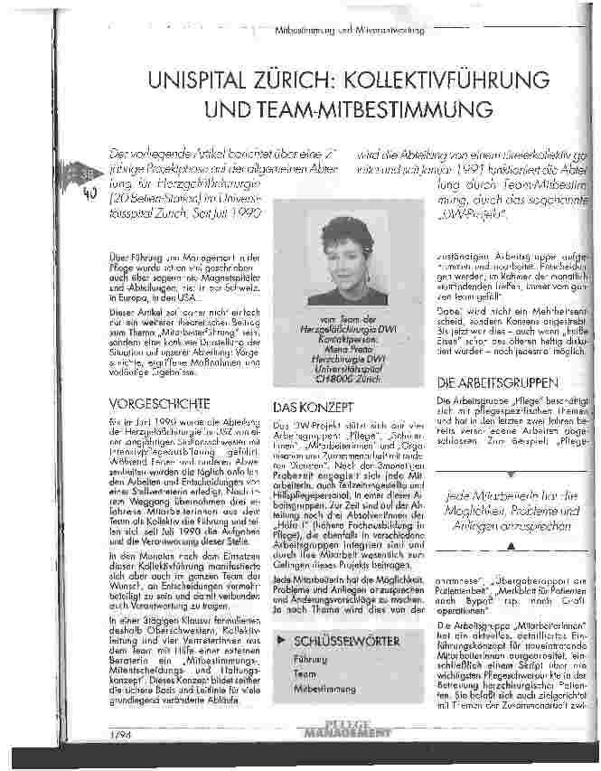 Vorschauseite 1: Unispital Zürich: Kollektivführung und Team-Mitbestimmung