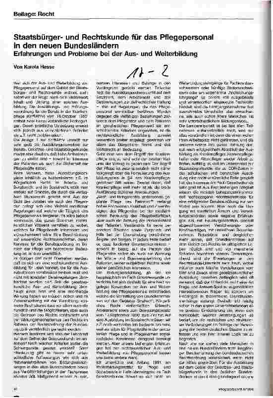 Vorschauseite 1: Staatsbürgerund Rechtskunde für das Pflegepersonal in den neuen Bundesländern. Erfahrungen+Probleme bei der Aus-+Weiterbildung