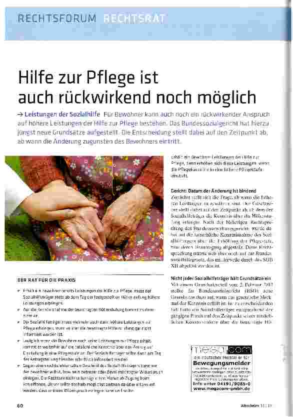 Vorschauseite 1: Hilfe zur Pflege ist auch rückwirkend noch möglich