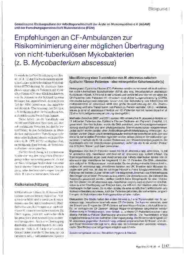 Vorschauseite 1: Empfehlungen an CF-Ambulanzen zur Risikominimierung einer möglichen Übertragung von nicht-tuberkulösen Mykobakterien (z. B. Mycobacterium abscessus)