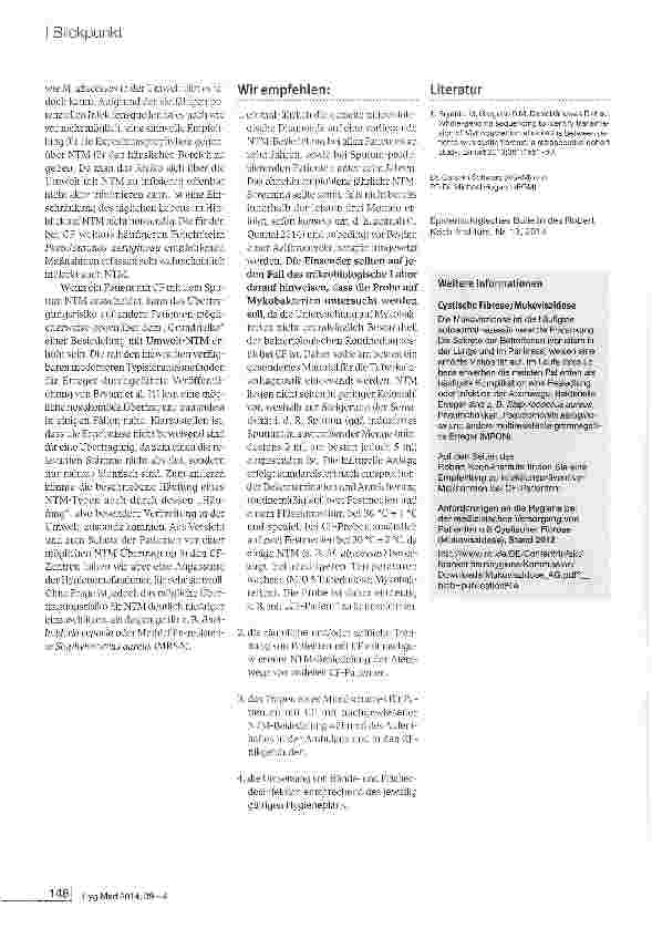 Vorschauseite 2: Empfehlungen an CF-Ambulanzen zur Risikominimierung einer möglichen Übertragung von nicht-tuberkulösen Mykobakterien (z. B. Mycobacterium abscessus)
