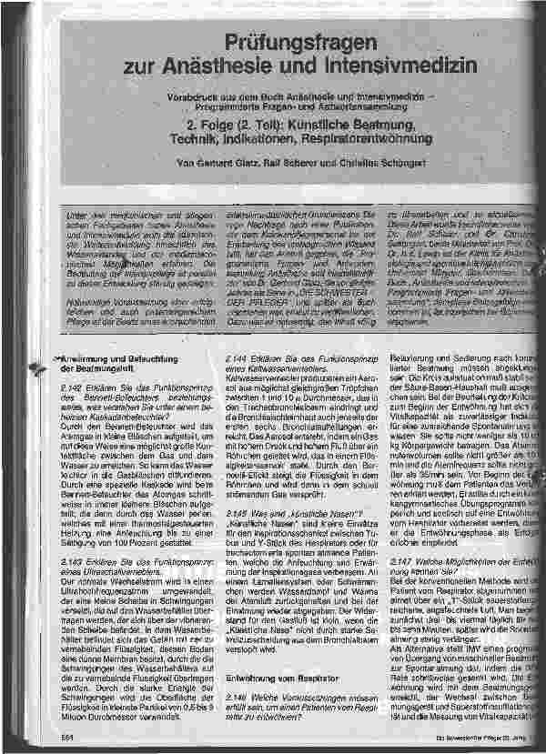 Vorschauseite 1: Prüfungsfragen zur Anästhesie und Intensivmedizin 2. Folge 2. Teil Künstliche Beatmung,Technik,Indikation Respirationsentwöhnung