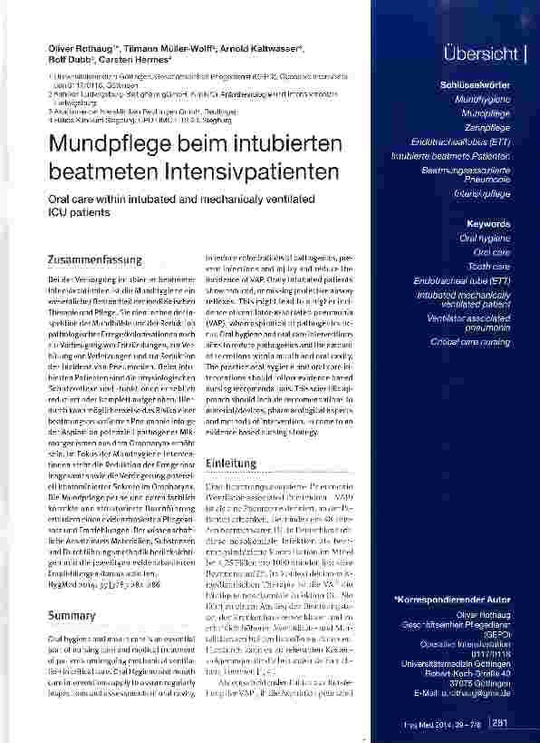 Vorschauseite 1: Mundpflege beim intubierten beatmeten Intensivpatienten